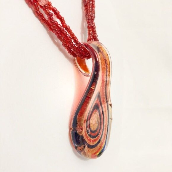 Glass Teardrop Pendant Red Beaded Necklace - Picture 4 of 8